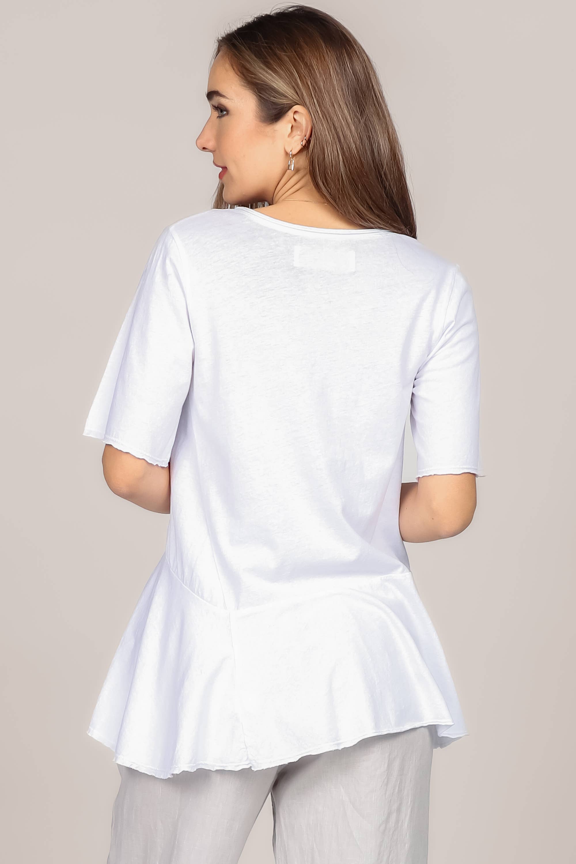 M.Rena Asymmetrical Slit V Neck Lucent White Tunic