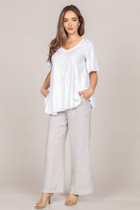 M.Rena Asymmetrical Slit V Neck Lucent White Tunic