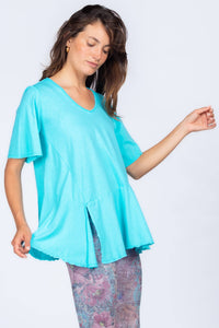 M.Rena Asymmetrical Slit V Neck Blue Curacao Tunic