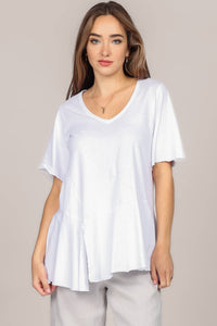 M.Rena Asymmetrical Slit V Neck Lucent White Tunic