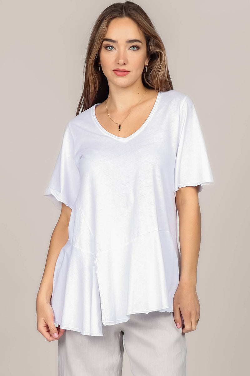 M.Rena Asymmetrical Slit V Neck Lucent White Tunic