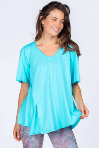 M.Rena Asymmetrical Slit V Neck Blue Curacao Tunic