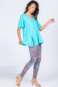 M.Rena Asymmetrical Slit V Neck Blue Curacao Tunic