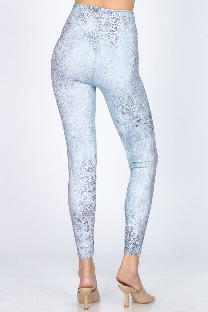 M. Rena Frosty Vintage Damask Wallpaper Frosty Blue Legging Print