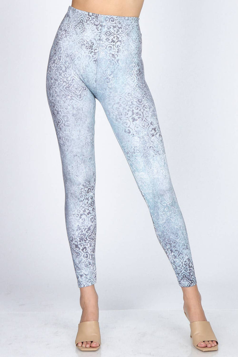 M. Rena Frosty Vintage Damask Wallpaper Frosty Blue Legging Print